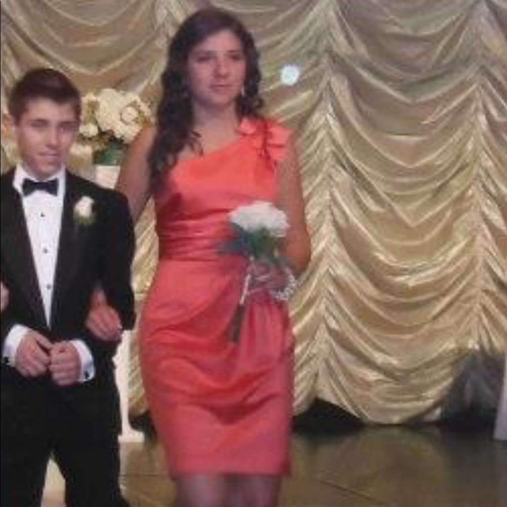 Guava one shoulder dress.